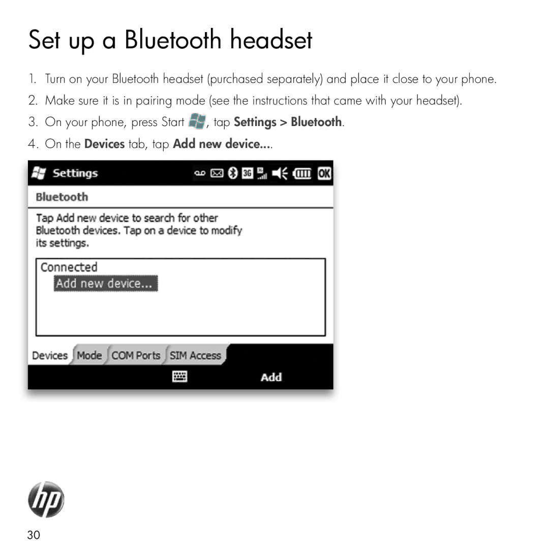 HP Glisten manual Set up a Bluetooth headset, On the Devices tab, tap Add new device 