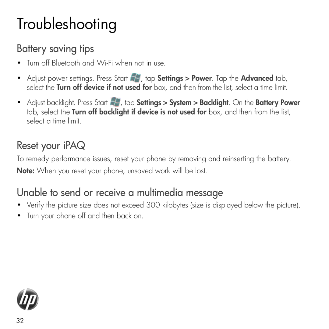 HP Glisten manual Troubleshooting, Battery saving tips, Reset your iPAQ, Unable to send or receive a multimedia message 