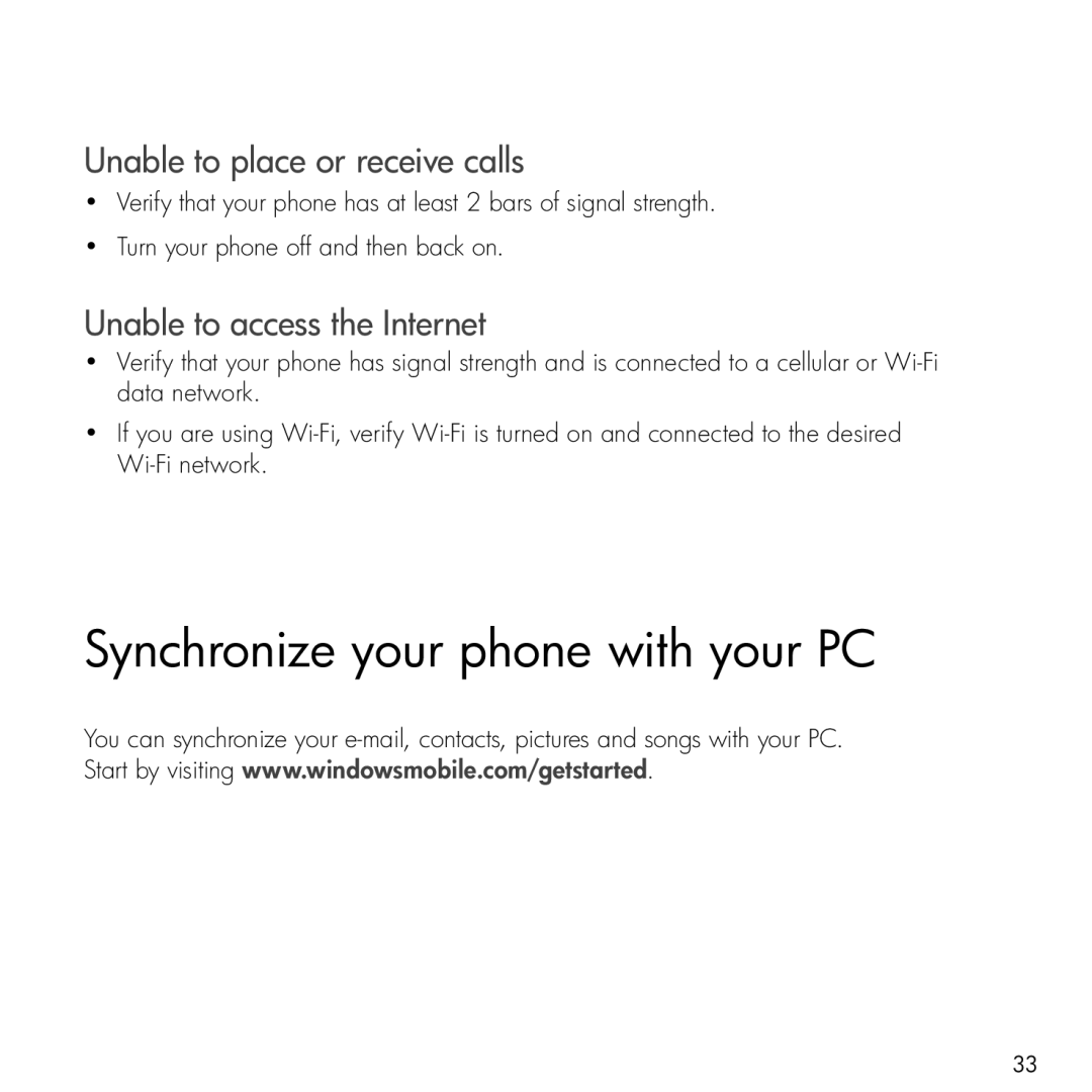 HP Glisten manual Synchronize your phone with your PC, Unable to place or receive calls, Unable to access the Internet 