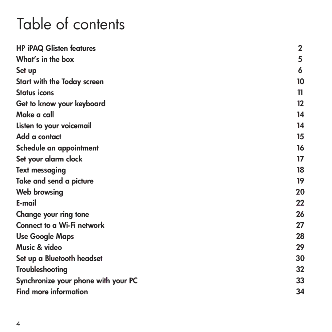 HP Glisten manual Table of contents 