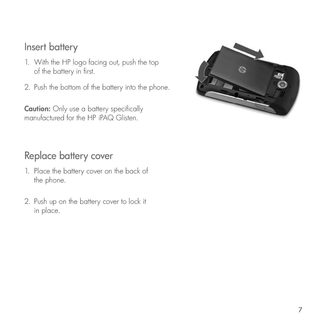 HP Glisten manual Insert battery, Replace battery cover 