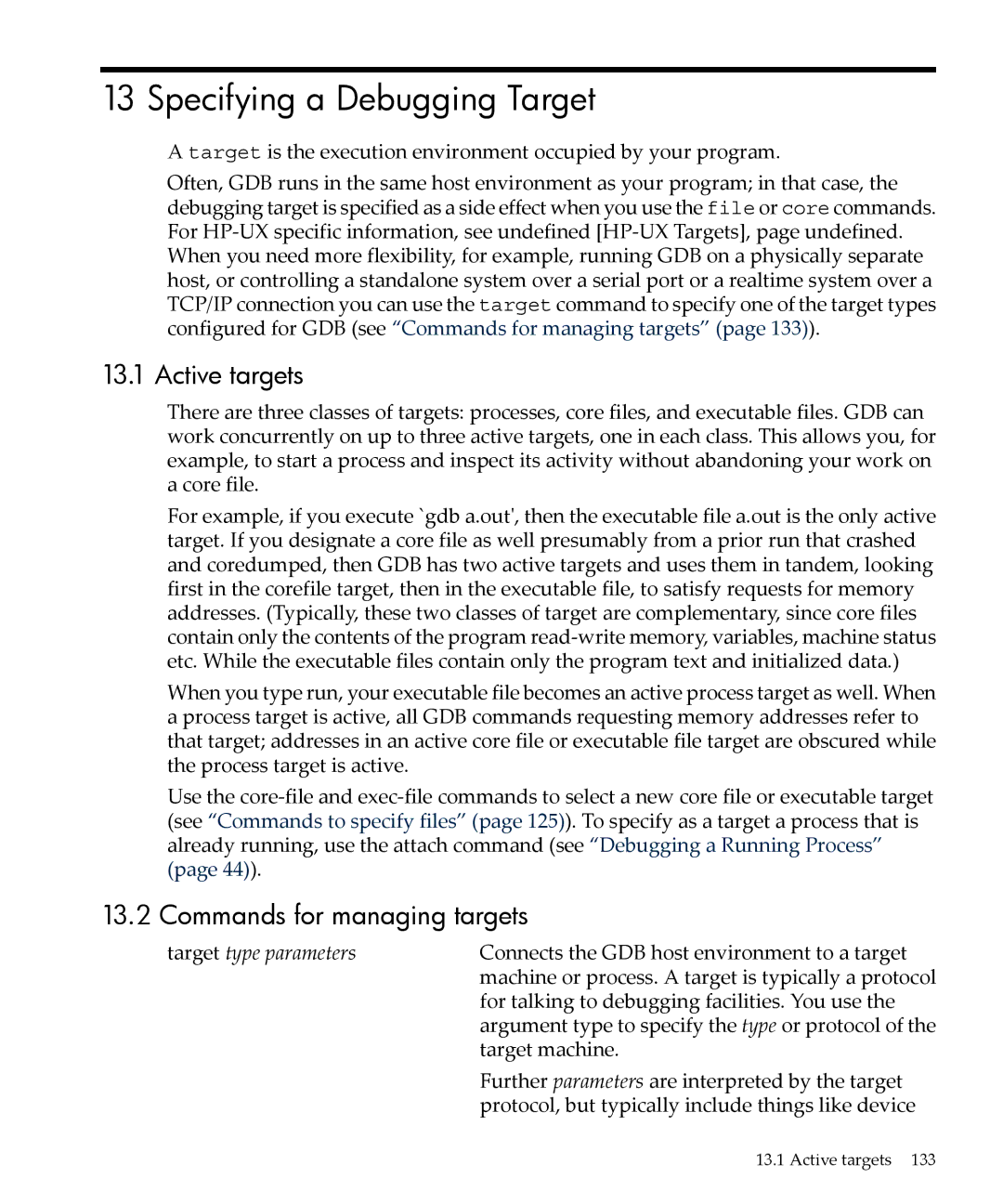 HP gnu source-level debugger 5992-4701 manual Specifying a Debugging Target, Active targets, Commands for managing targets 