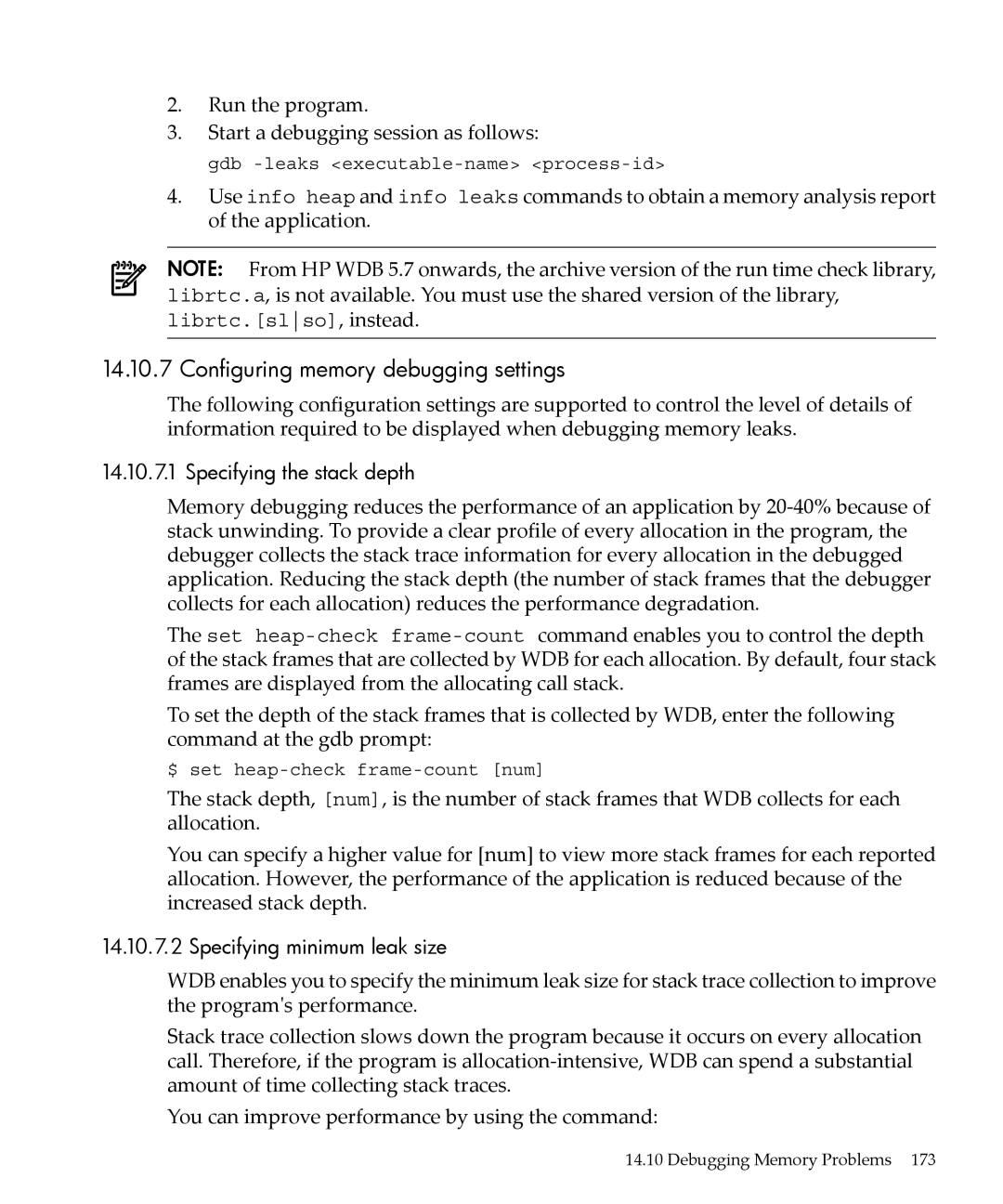 HP gnu source-level debugger 5992-4701 manual Configuring memory debugging settings, Specifying the stack depth 