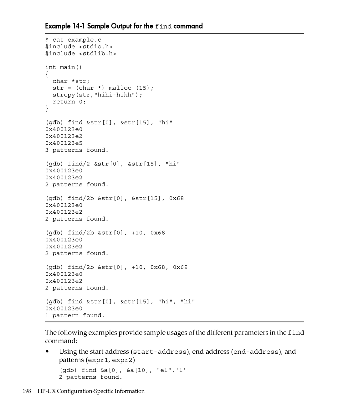 HP gnu source-level debugger 5992-4701 manual Example 14-1 Sample Output for the find command 