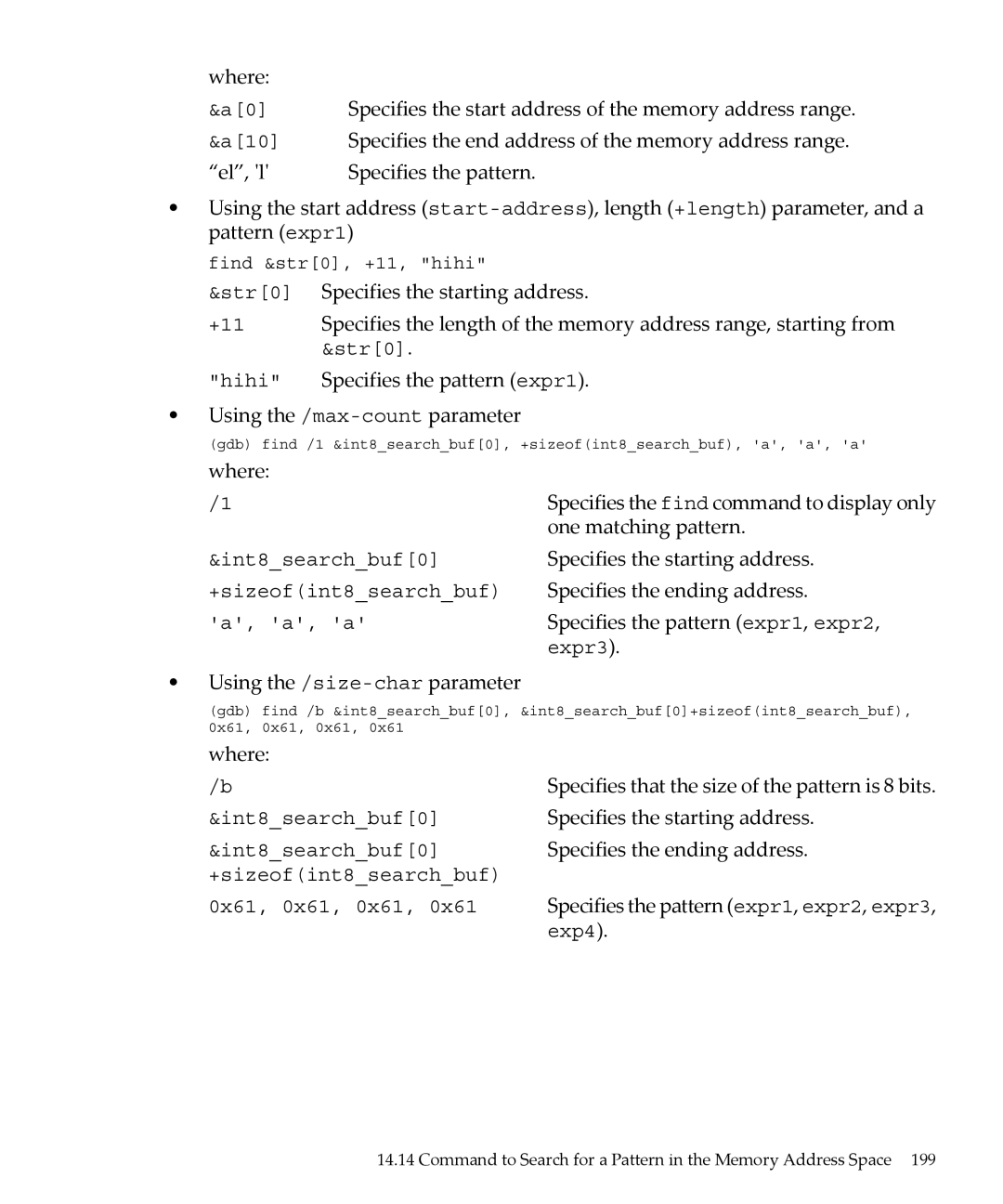 HP gnu source-level debugger 5992-4701 manual Str0 Specifies the starting address, Specifies the pattern expr1 