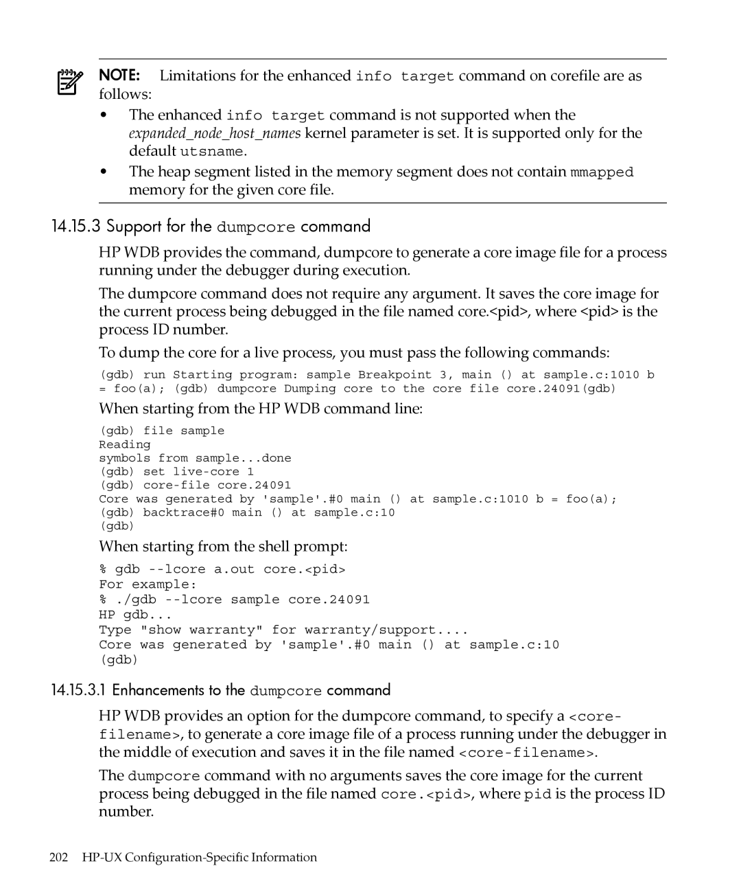 HP gnu source-level debugger 5992-4701 manual Support for the dumpcore command, When starting from the HP WDB command line 