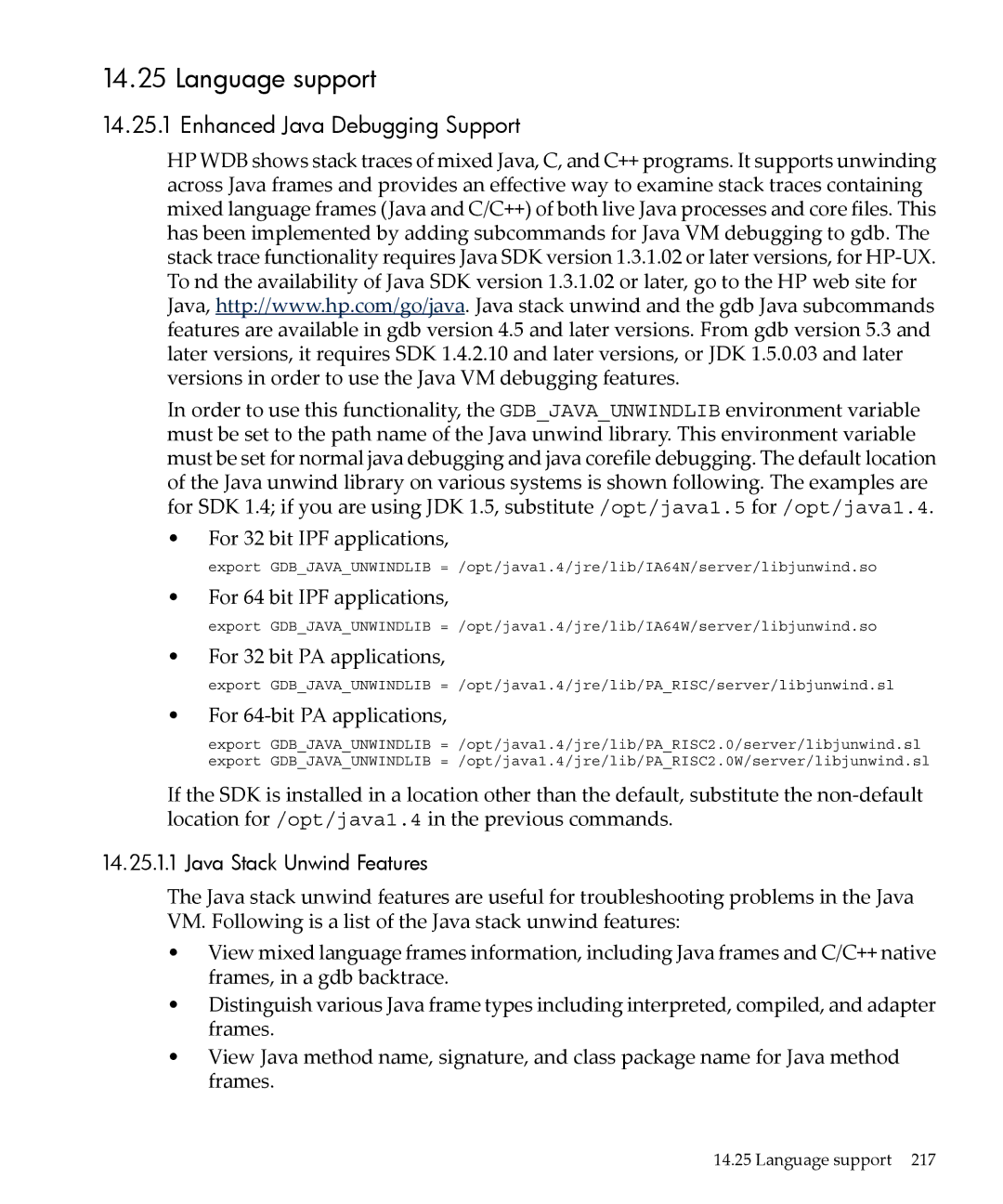 HP gnu source-level debugger 5992-4701 manual Language support, Enhanced Java Debugging Support, Java Stack Unwind Features 