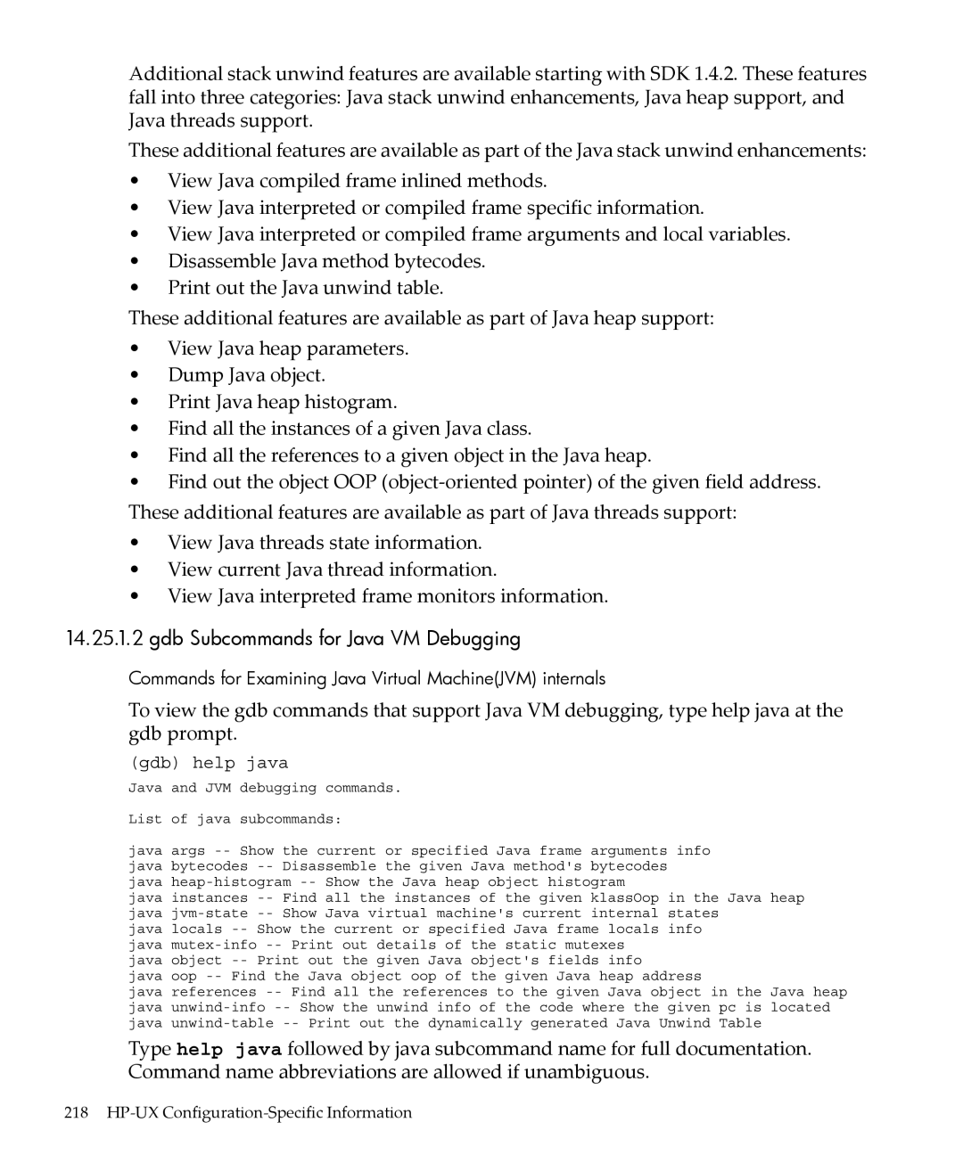HP gnu source-level debugger 5992-4701 manual Gdb Subcommands for Java VM Debugging, Gdb help java 