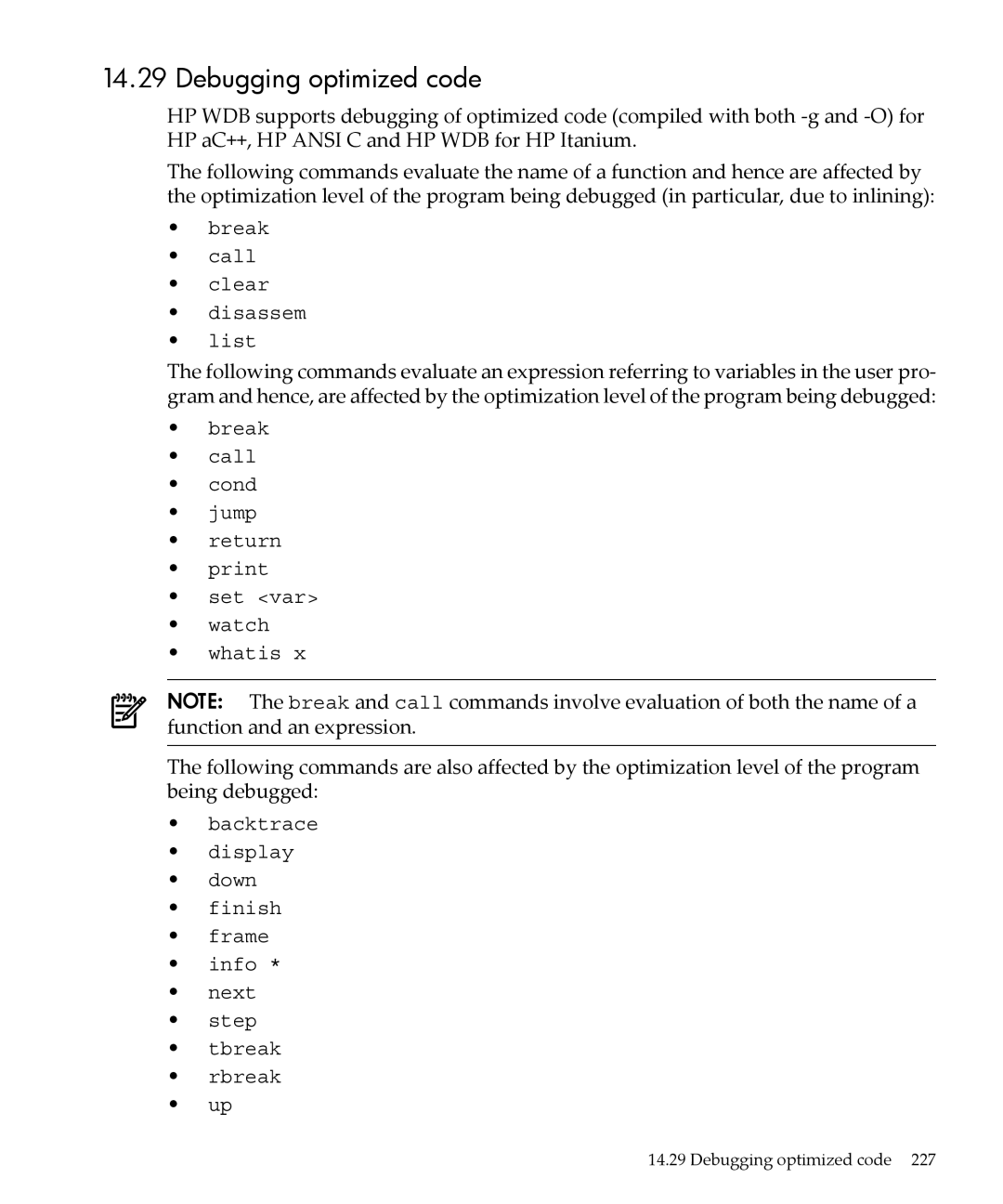 HP gnu source-level debugger 5992-4701 manual Debugging optimized code, Break Call Clear Disassem List 
