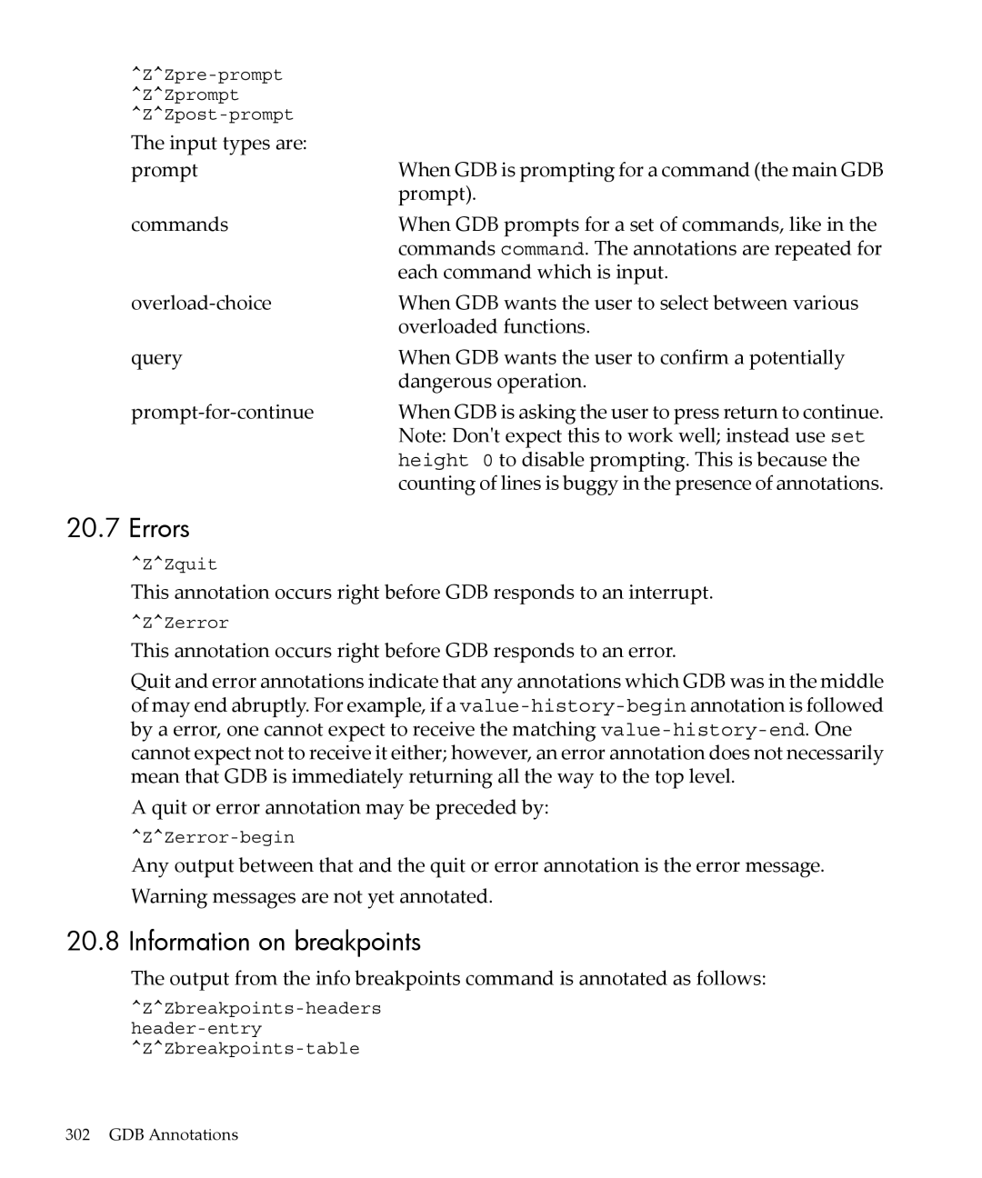 HP gnu source-level debugger 5992-4701 manual Errors, Information on breakpoints 