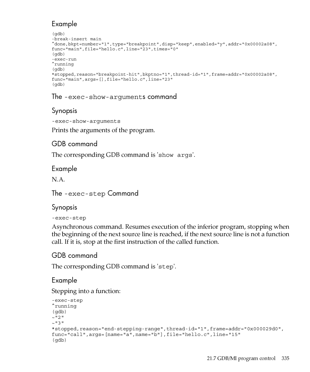 HP gnu source-level debugger 5992-4701 manual exec-show-arguments command, Example -exec-stepCommand Synopsis 