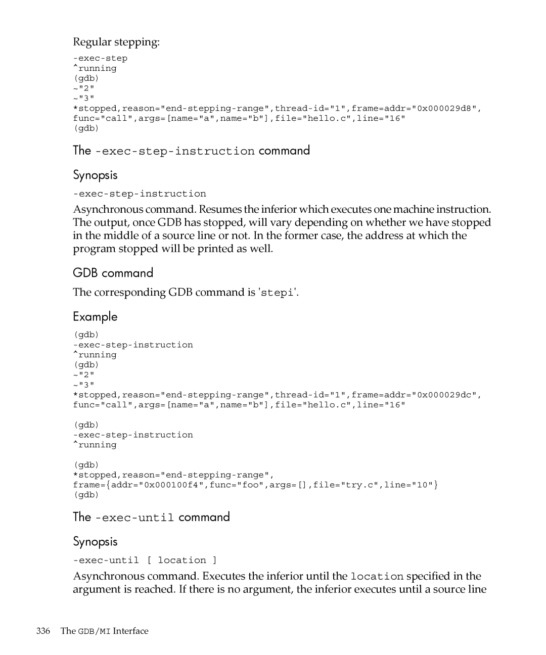 HP gnu source-level debugger 5992-4701 manual exec-step-instruction command, exec-until command, Regular stepping 