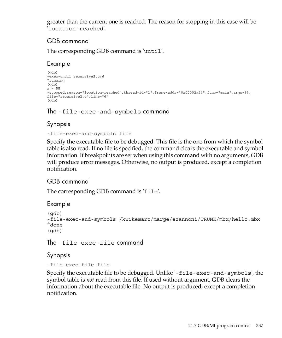 HP gnu source-level debugger 5992-4701 manual file-exec-and-symbols command, file-exec-file command 