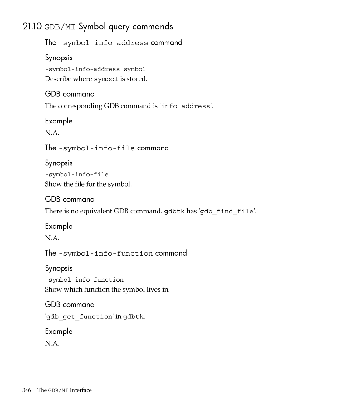 HP gnu source-level debugger 5992-4701 manual 21.10 GDB/MI Symbol query commands, symbol-info-address command 