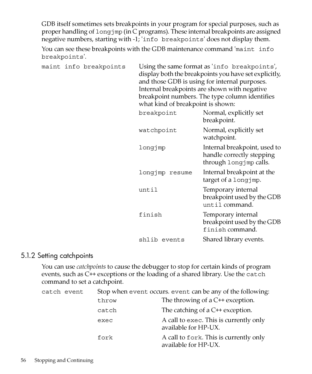 HP gnu source-level debugger 5992-4701 manual Setting catchpoints 