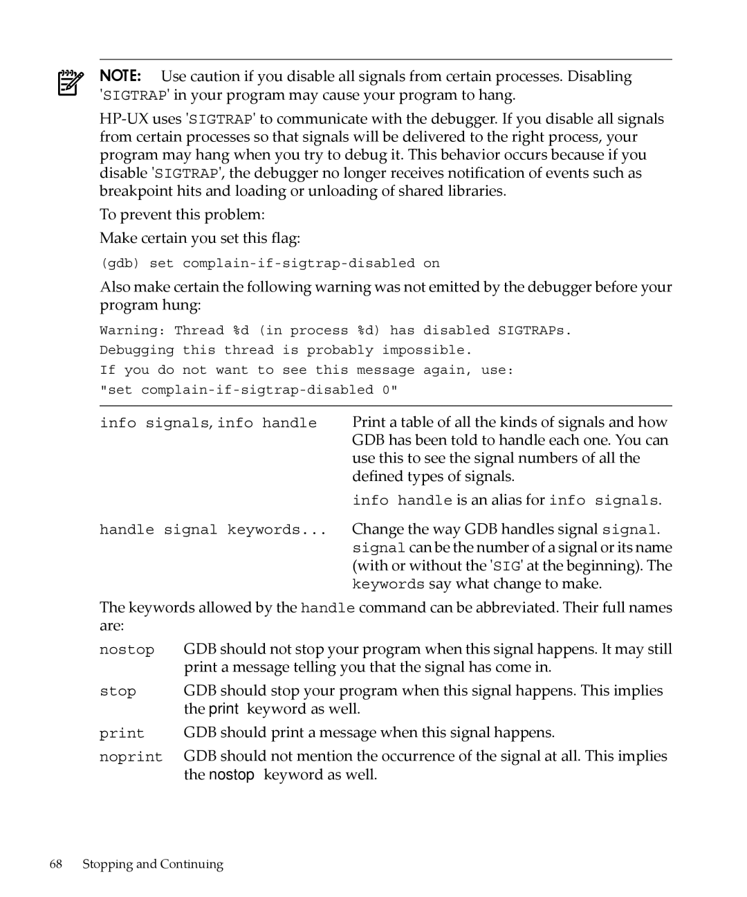 HP gnu source-level debugger 5992-4701 manual Info handle is an alias for info signals 