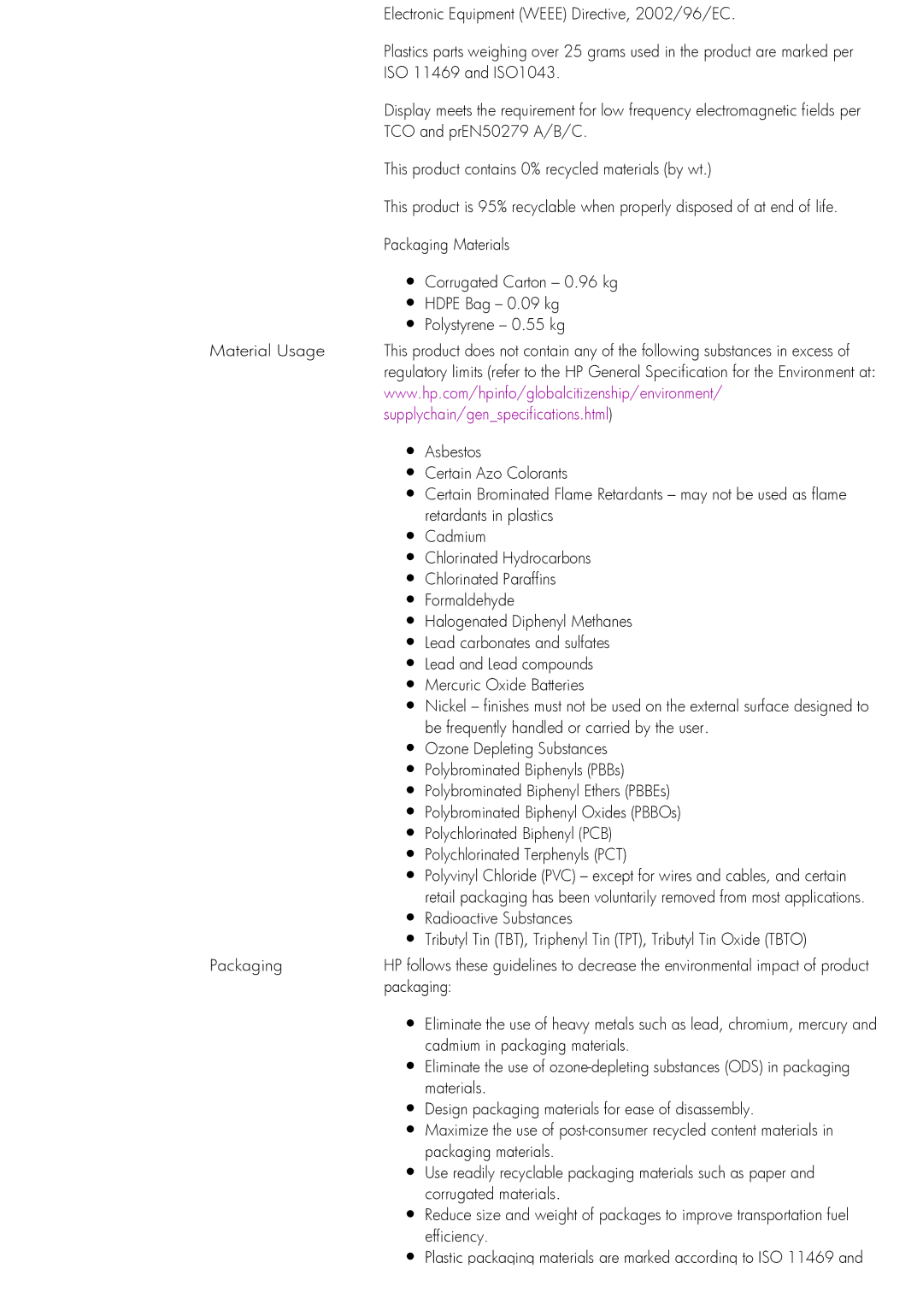 HP GP537AA Electronic Equipment Weee Directive, 2002/96/EC, ISO 11469 and ISO1043, TCO and prEN50279 A/B/C, Material Usage 