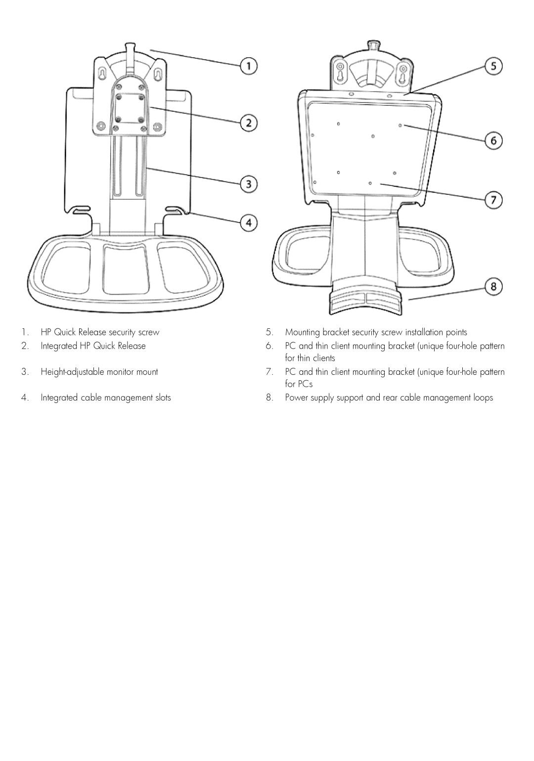 HP GP537AA manual For thin clients, Height-adjustable monitor mount, For PCs, Integrated cable management slots 