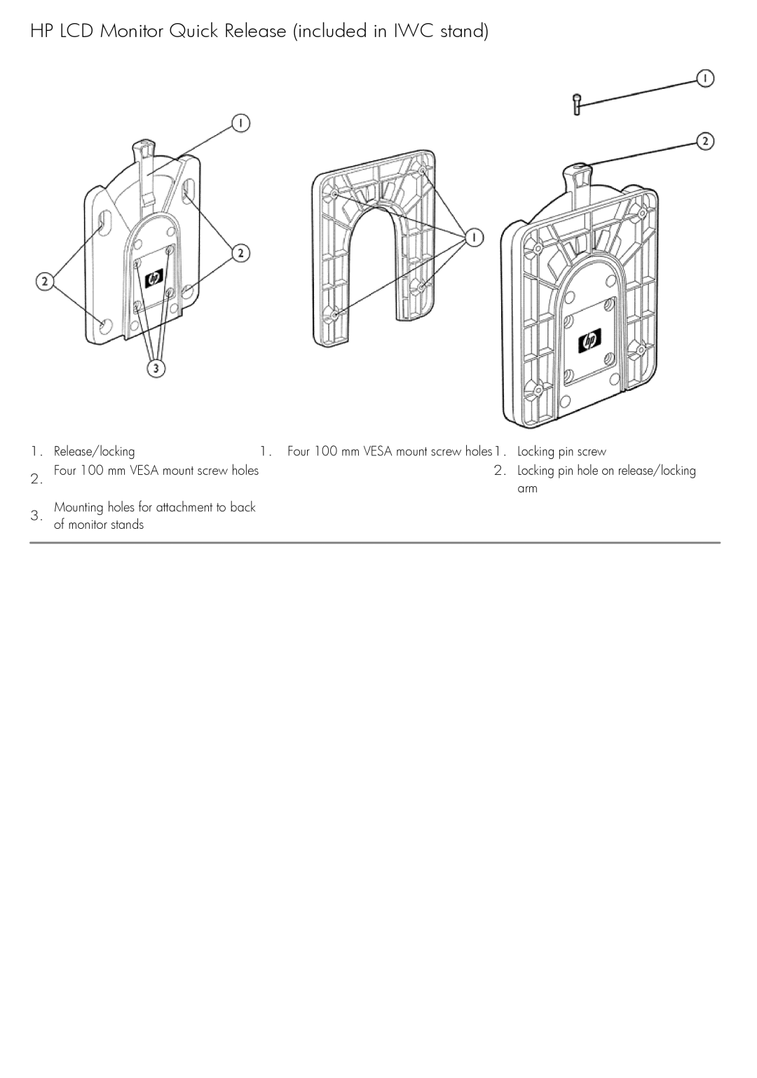 HP GP537AA manual Arm, Mounting holes for attachment to back of monitor stands 