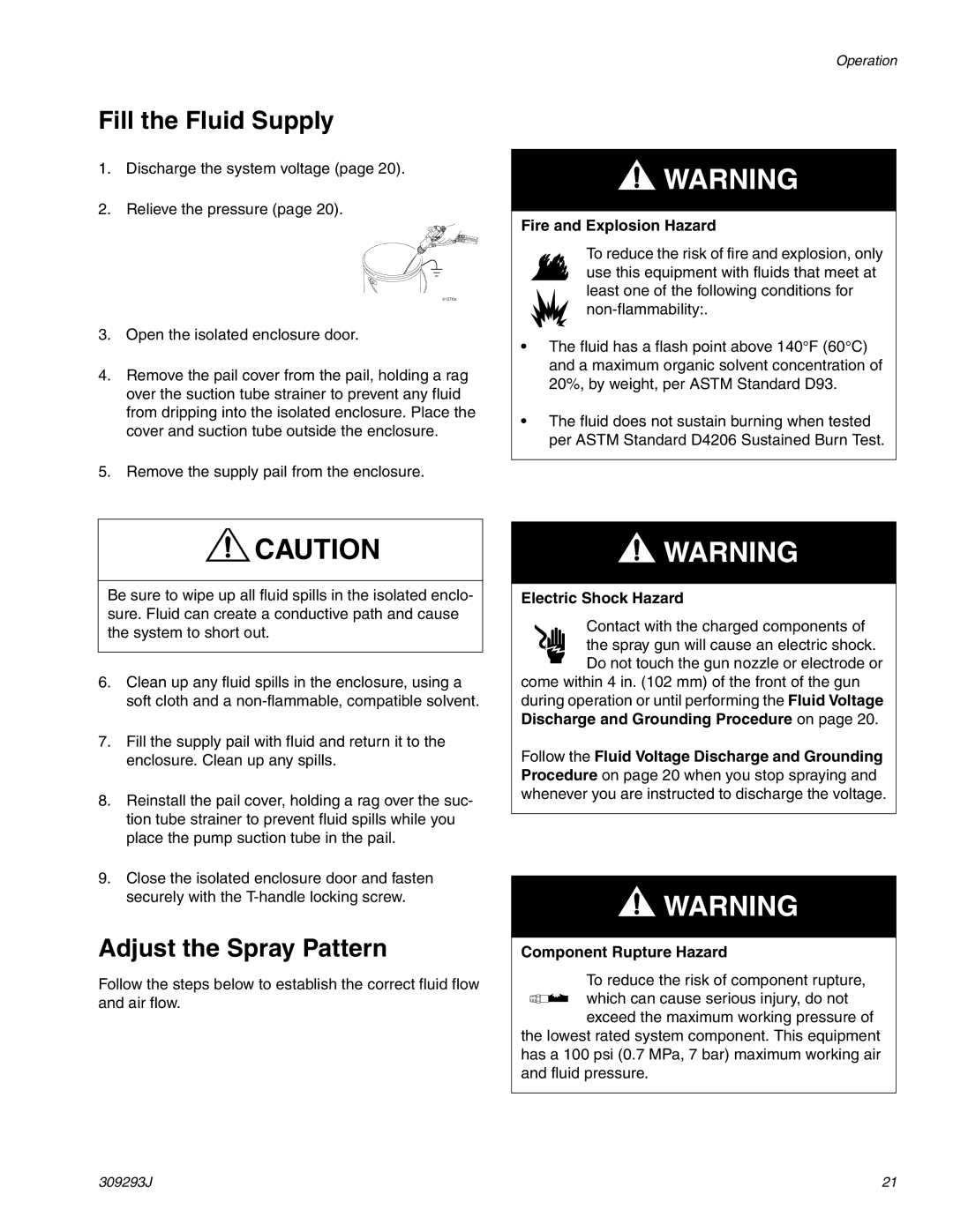 HP GRACO OR PRO TI1681A manual Fill the Fluid Supply, Adjust the Spray Pattern, Fire and Explosion Hazard 