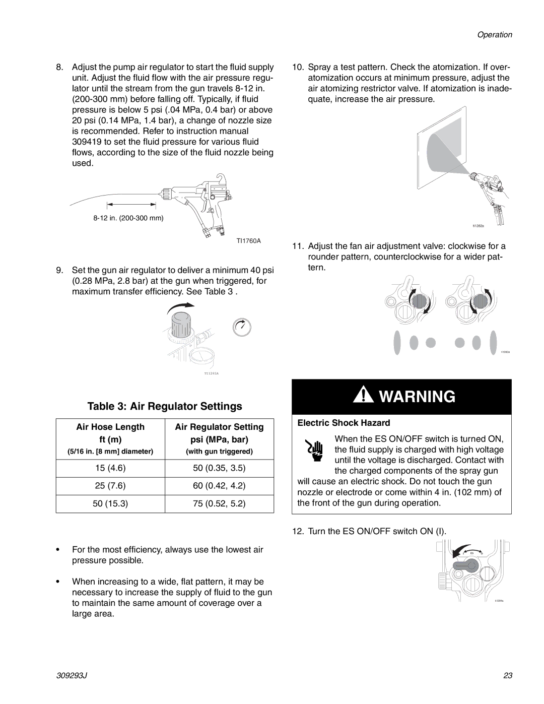 HP GRACO OR PRO TI1681A manual Air Regulator Settings, Air Hose Length Air Regulator Setting Ft m Psi MPa, bar 