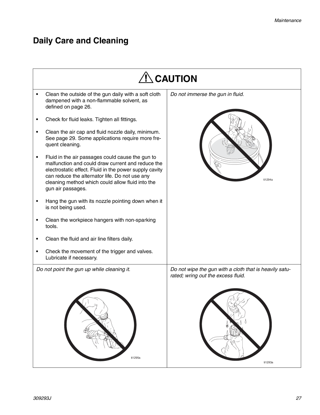 HP GRACO OR PRO TI1681A manual Daily Care and Cleaning, Do not immerse the gun in fluid 