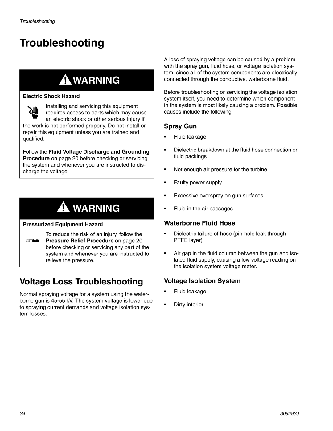 HP GRACO OR PRO TI1681A manual Voltage Loss Troubleshooting, Spray Gun, Waterborne Fluid Hose, Voltage Isolation System 