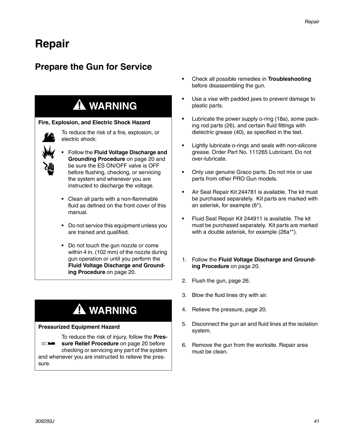 HP GRACO OR PRO TI1681A manual Repair, Prepare the Gun for Service 