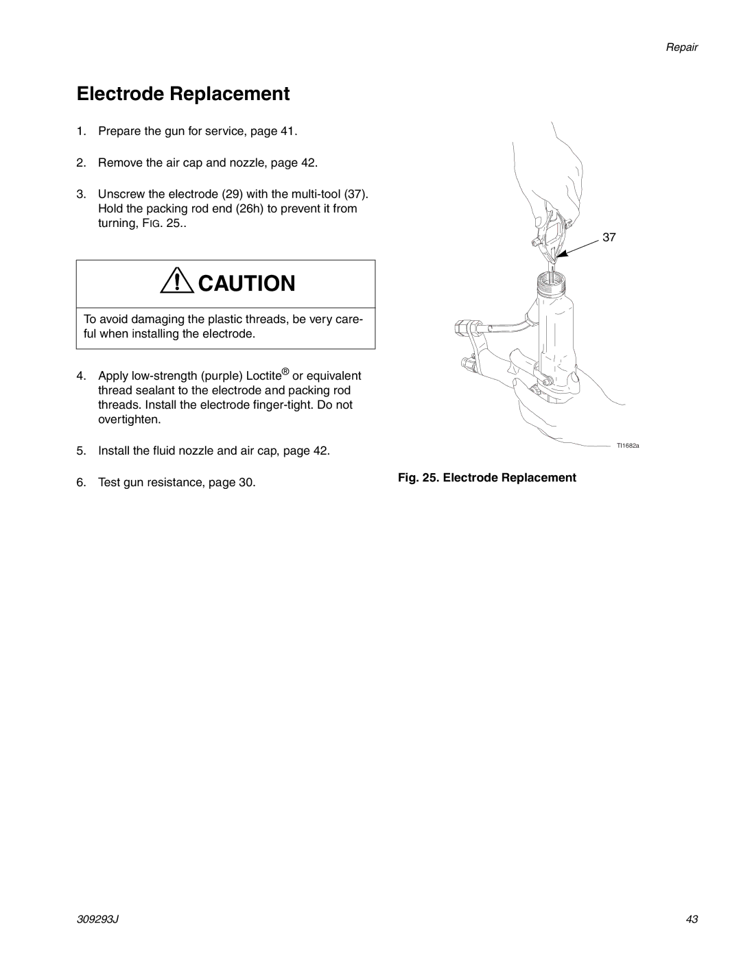 HP GRACO OR PRO TI1681A manual Electrode Replacement 