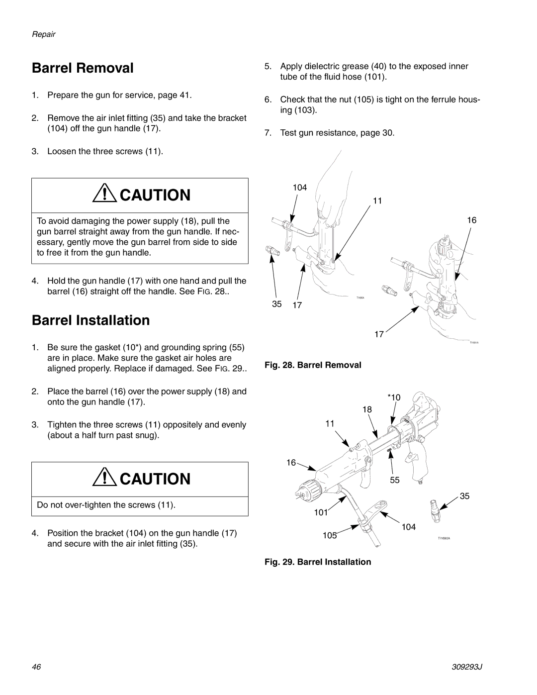 HP GRACO OR PRO TI1681A manual Barrel Removal, Barrel Installation 