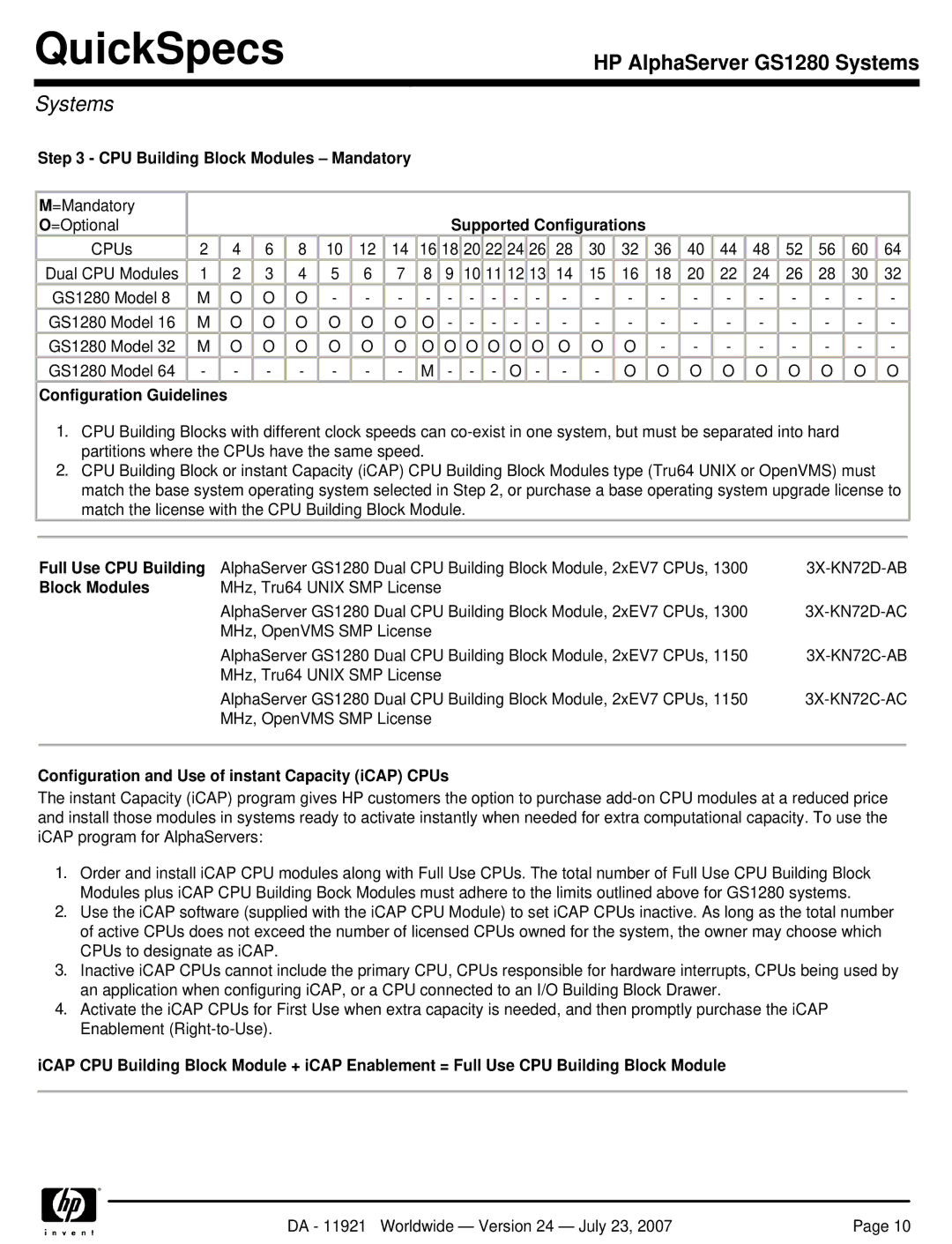 HP GS1280 manual CPU Building Block Modules Mandatory, Supported Configurations, Full Use CPU Building 