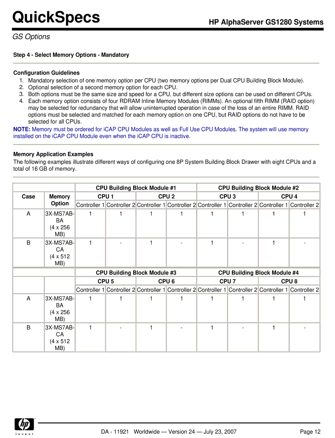 HP GS1280 manual Select Memory Options Mandatory Configuration Guidelines, Memory Application Examples, Cpu 