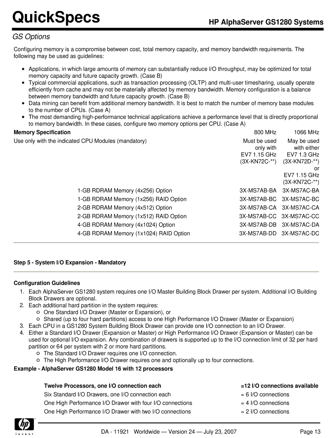 HP GS1280 manual Memory Specification, System I/O Expansion Mandatory Configuration Guidelines 