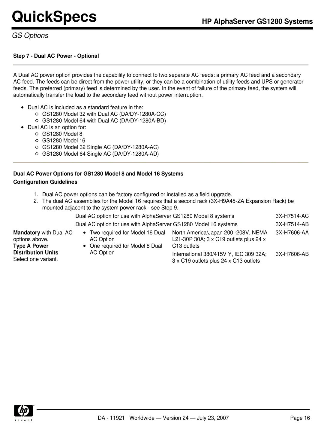 HP GS1280 manual Dual AC Power Optional, Type a Power, Distribution Units 