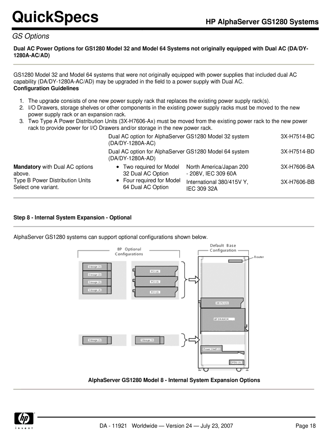 HP manual Internal System Expansion Optional, AlphaServer GS1280 Model 8 Internal System Expansion Options 