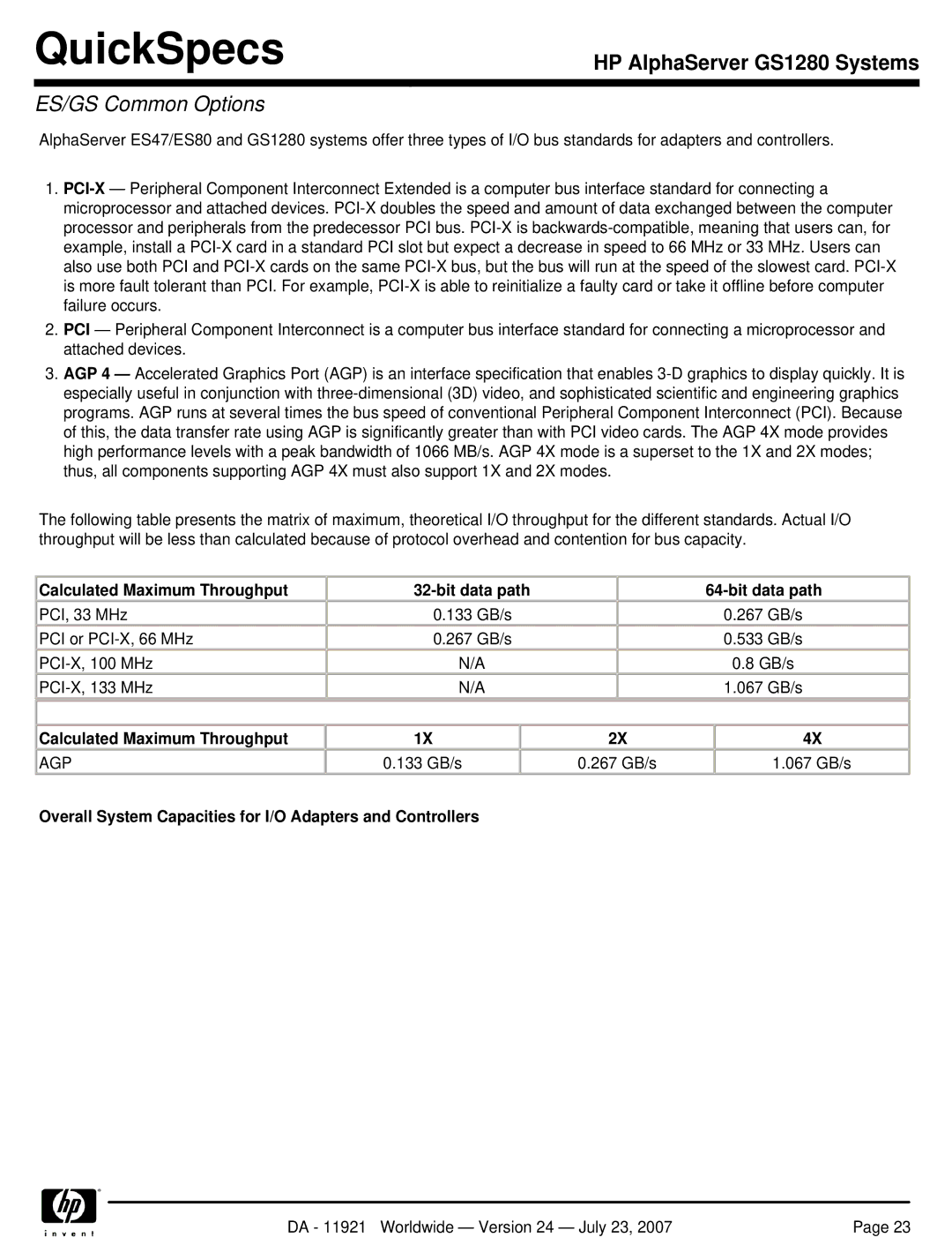 HP GS1280 Calculated Maximum Throughput Bit data path, Agp, Overall System Capacities for I/O Adapters and Controllers 