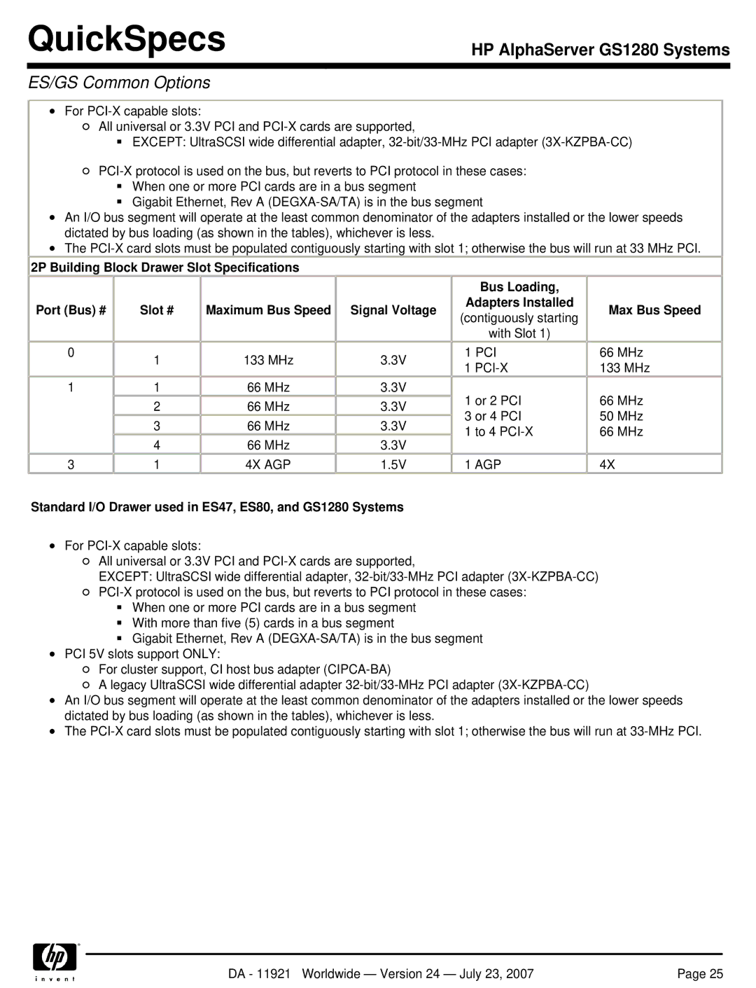 HP manual Adapters Installed Max Bus Speed, Pci, 4X AGP, Standard I/O Drawer used in ES47, ES80, and GS1280 Systems 