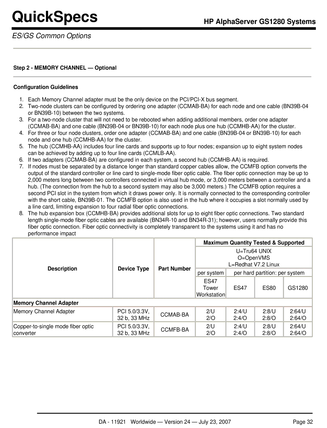 HP GS1280 manual Memory Channel Optional Configuration Guidelines, Memory Channel Adapter, Ccmab-Ba, Ccmfb-Ba 