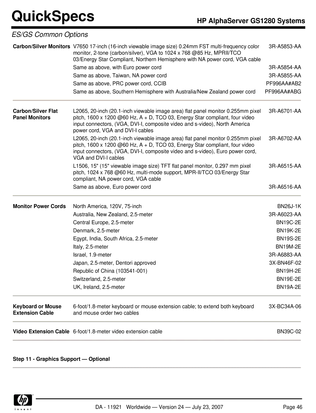 HP GS1280 manual Carbon/Silver Monitors, Carbon/Silver Flat, Panel Monitors, Monitor Power Cords, Keyboard or Mouse 