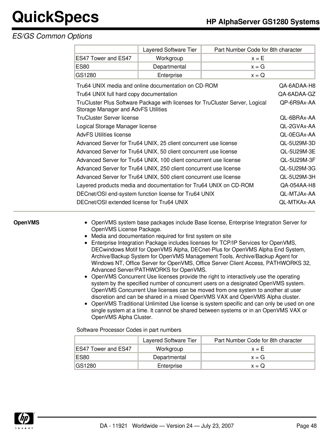 HP GS1280 manual QA-6ADAA-H8, QA-6ADAA-GZ, OpenVMS 