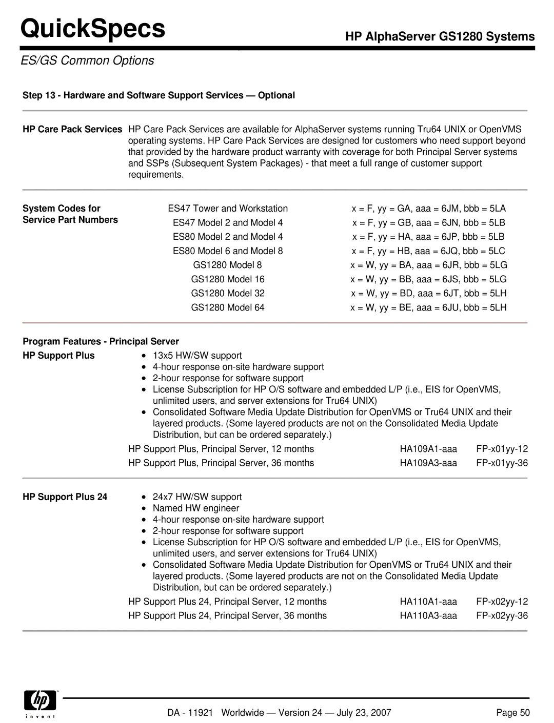 HP GS1280 manual Hardware and Software Support Services Optional, System Codes for, Service Part Numbers 