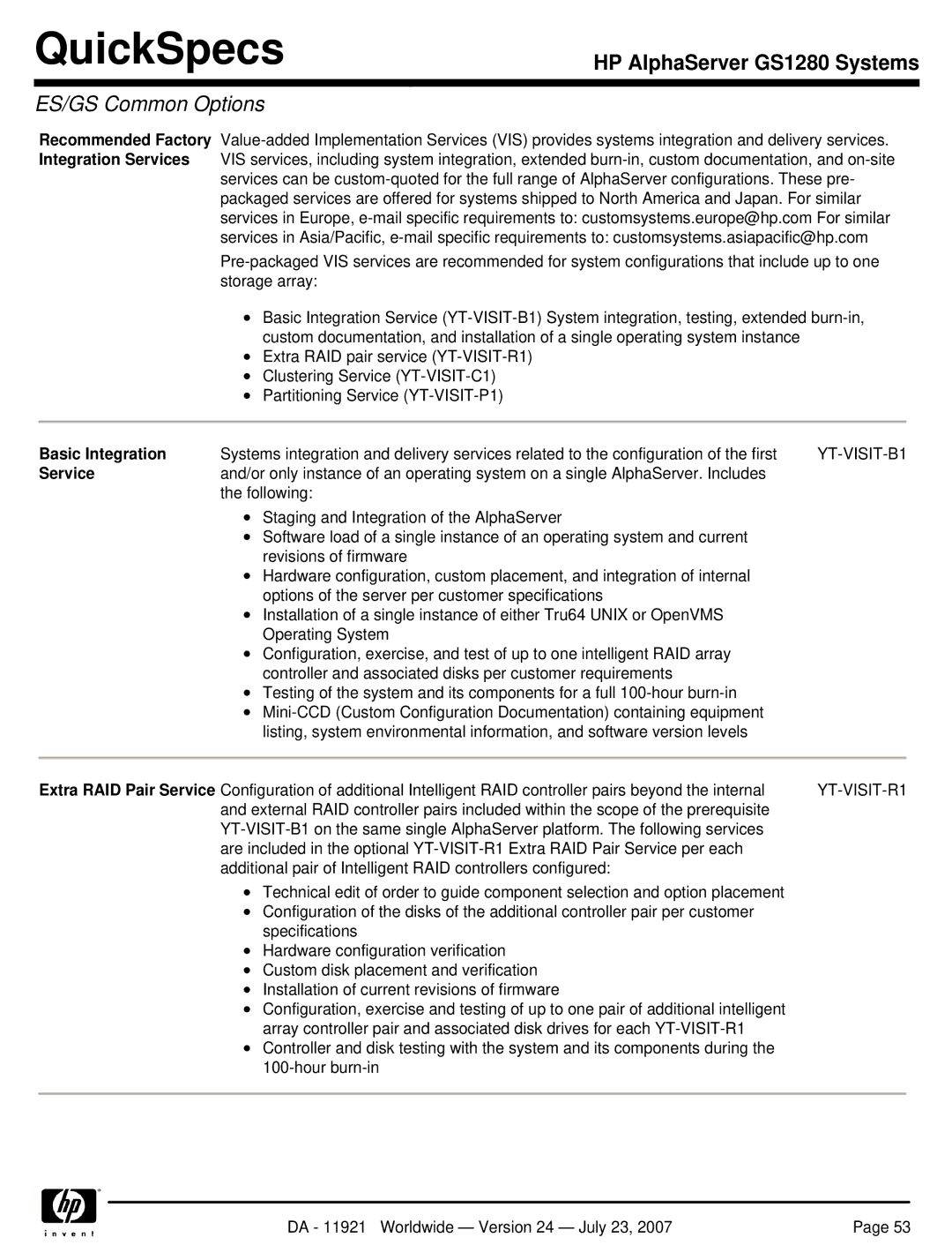 HP GS1280 manual Basic Integration, YT-VISIT-B1, Service, YT-VISIT-R1 