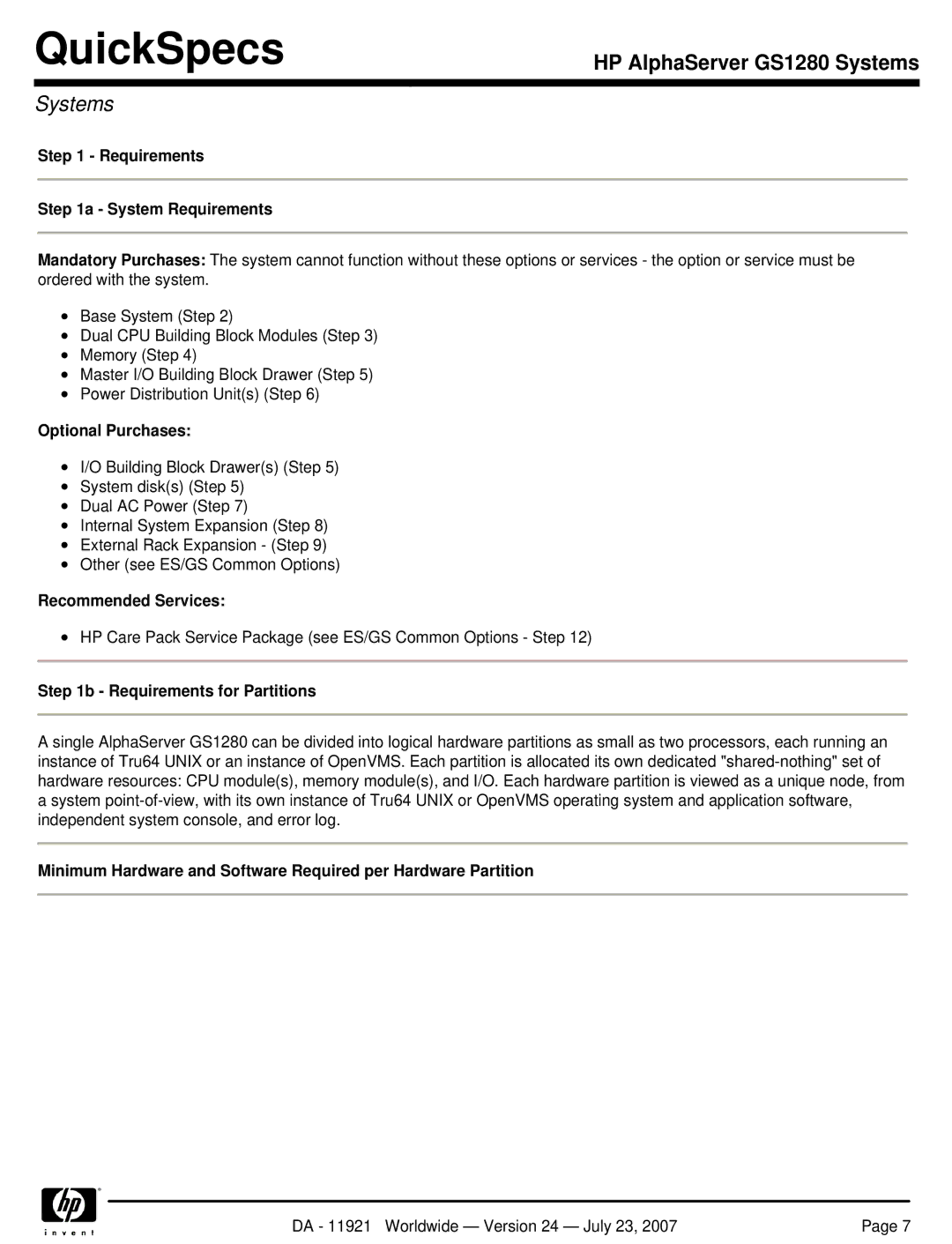 HP GS1280 manual Requirements System Requirements, Optional Purchases, Recommended Services, Requirements for Partitions 