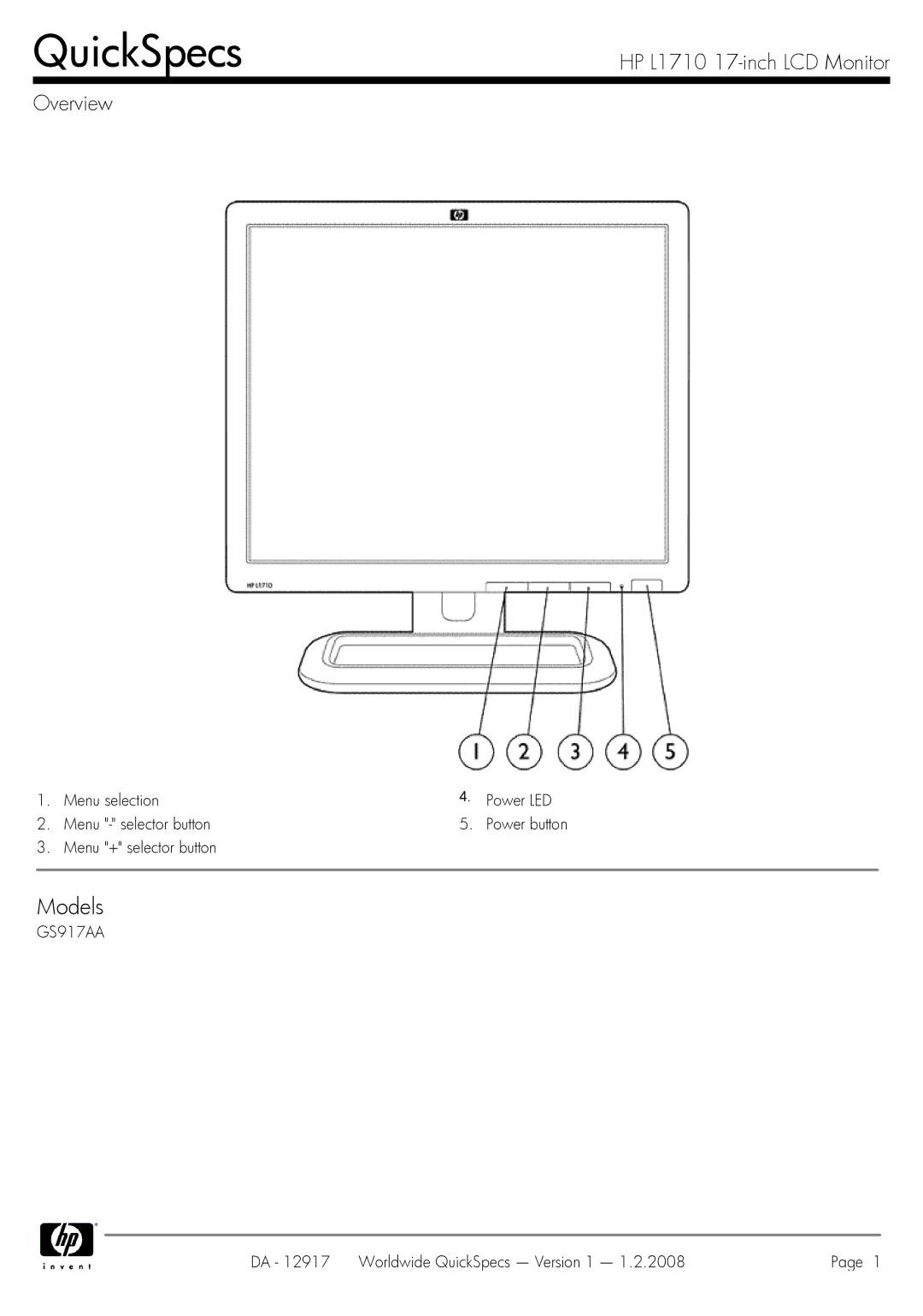 HP GS917AA manual DA 12917 Worldwide QuickSpecs Version 1 