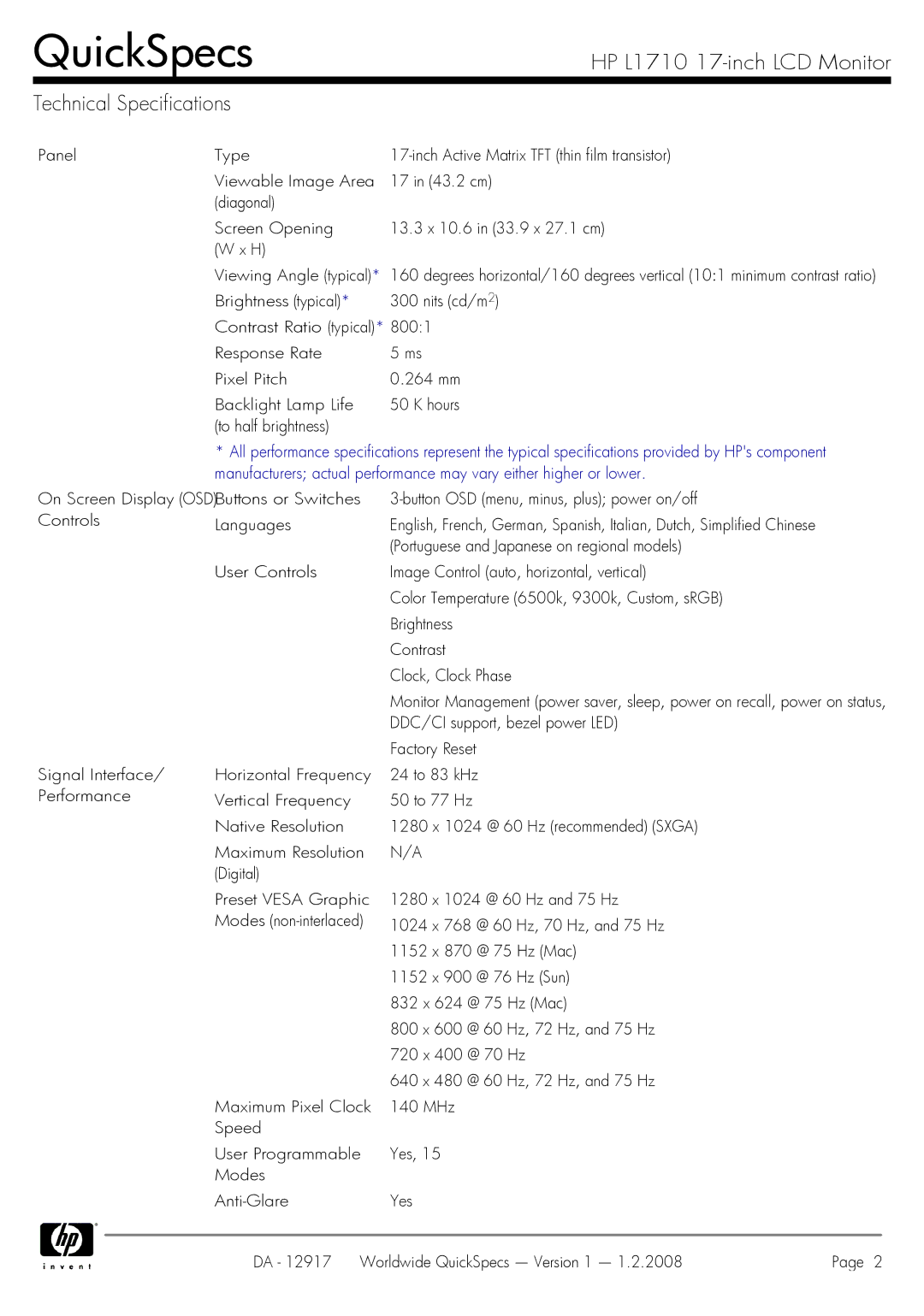 HP GS917AA manual DDC/CI support, bezel power LED, Factory Reset 