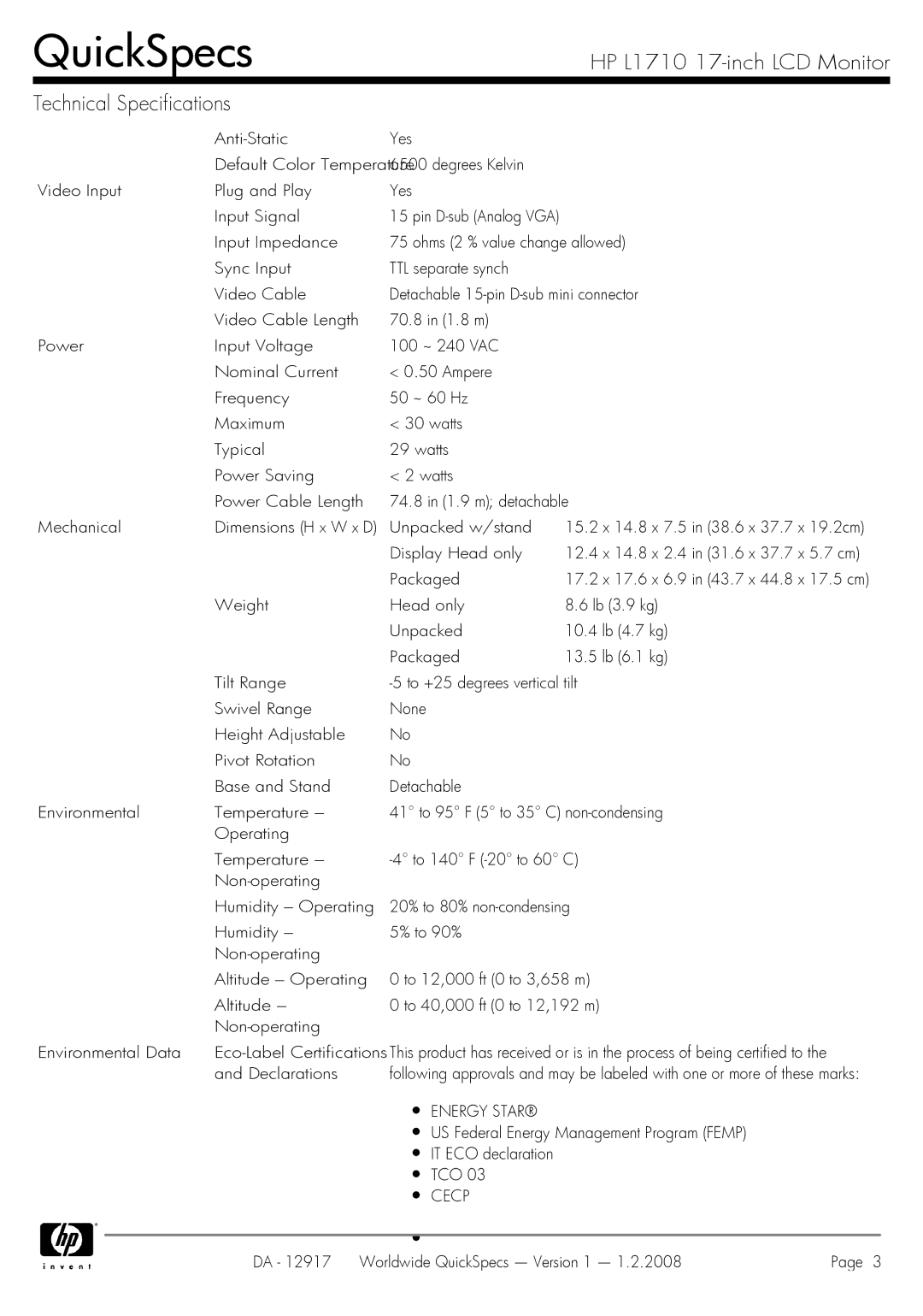 HP GS917AA manual Energy Star, Cecp 