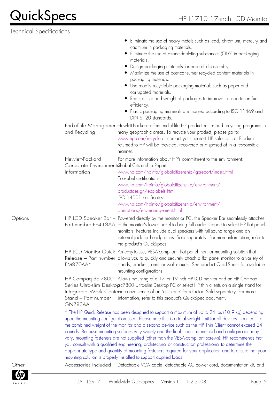 HP GS917AA manual Productdesign/ecolabels.html, Operations/envmanagement.html, GN783AA 