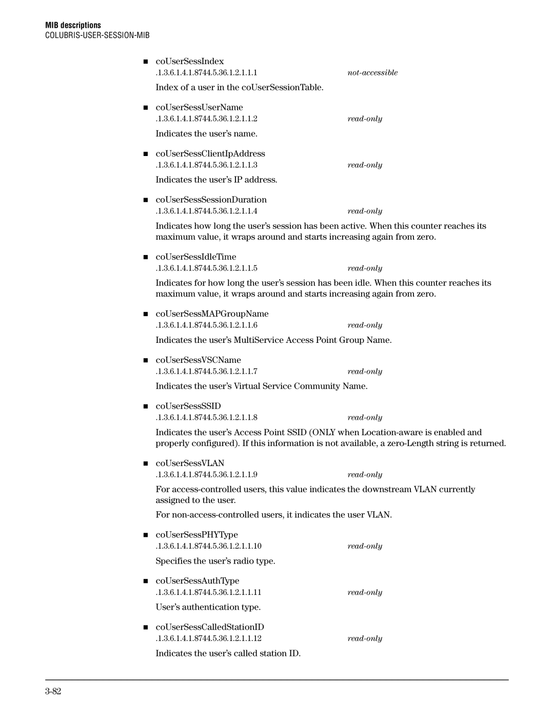 HP Guest Management Software „ coUserSessIndex, Indicates the user’s name „ coUserSessClientIpAddress, „ coUserSessVLAN 