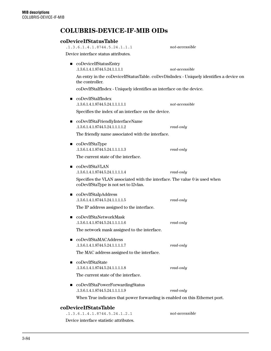 HP Guest Management Software manual COLUBRIS-DEVICE-IF-MIB OIDs, CoDeviceIfStatusTable, CoDeviceIfStatsTable 