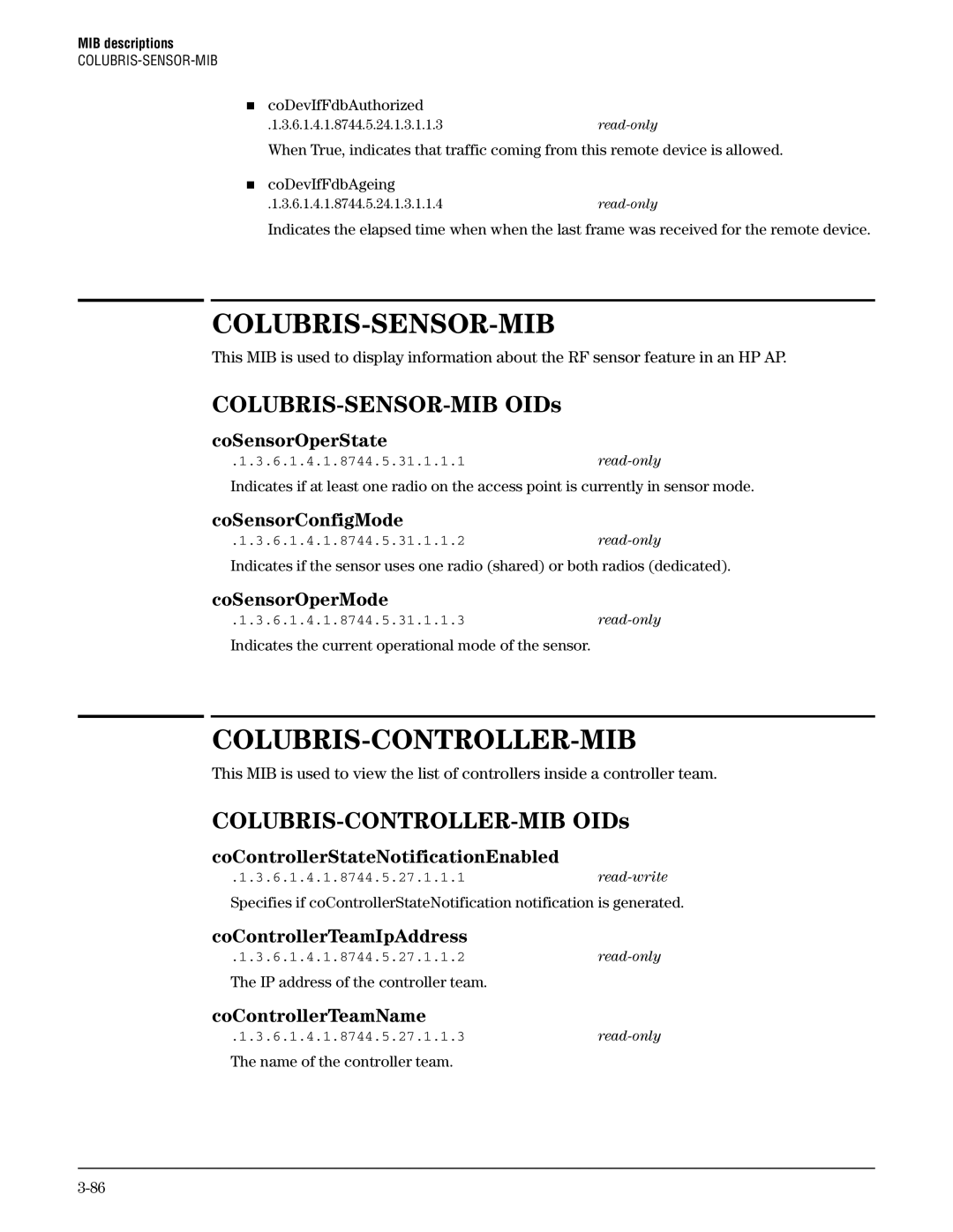 HP Guest Management Software manual Colubris-Sensor-Mib, Colubris-Controller-Mib, COLUBRIS-SENSOR-MIB OIDs 